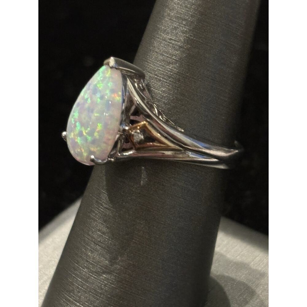 Sterling Silver 14k Simulated Opal & Diamond Ring Sz 7 925 - Picture 2 of 9